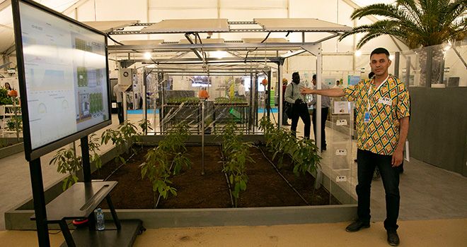 Othmane El Ouadeh explique le fonctionnement d’Arwa solutions appliqué à une ferme immersive, composée d’avocatiers et de jeunes plants d’arbres fruitiers. Photo : DR