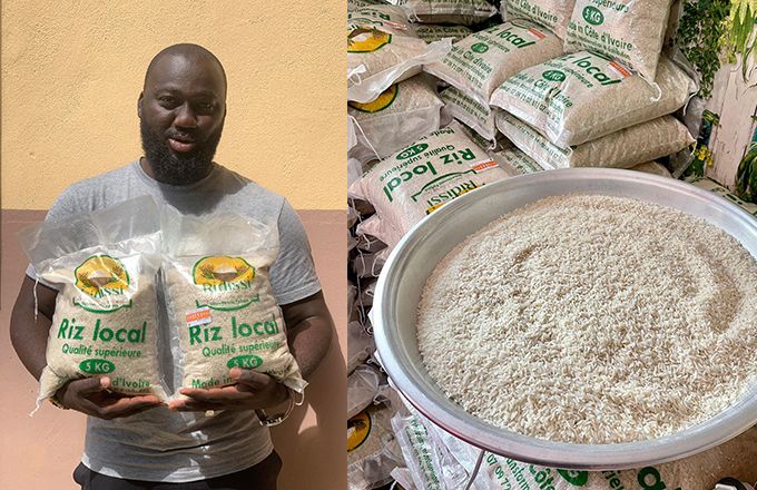 Tia Gueu Stéphane, entrepreneur, avec des sachets de riz Ridissi made in Côte d'Ivoire. Photos : Tia Gueu Stéphane/Ridissi Tia Gueu Stéphane, entrepreneur, avec des sachets de riz Ridissi made in Côte d'Ivoire. Photos : Tia Gueu Stéphane/Ridissi
